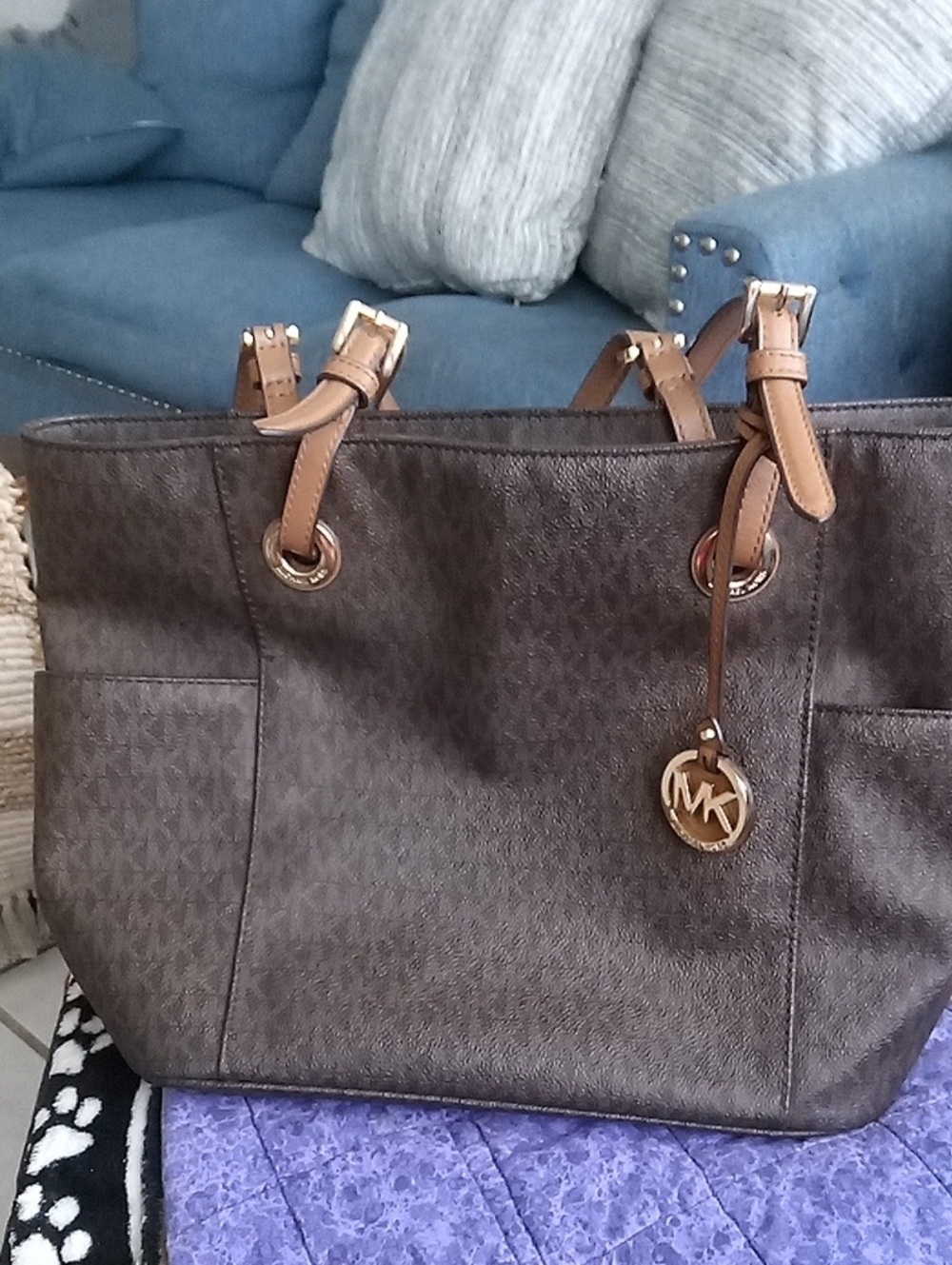 Michael Kors Brown Logo Tote Bag with Tan Straps